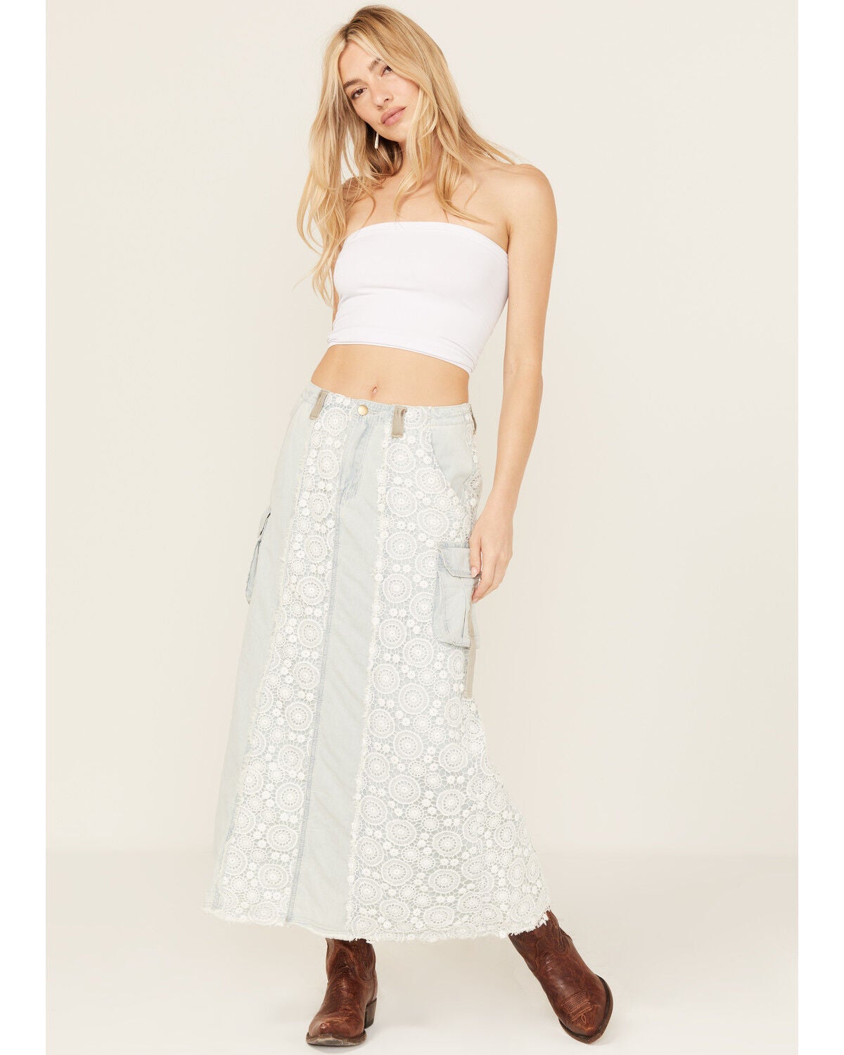 POL Women's Lace Light Wash Denim Midi Skirt, Light Wash, hi-res