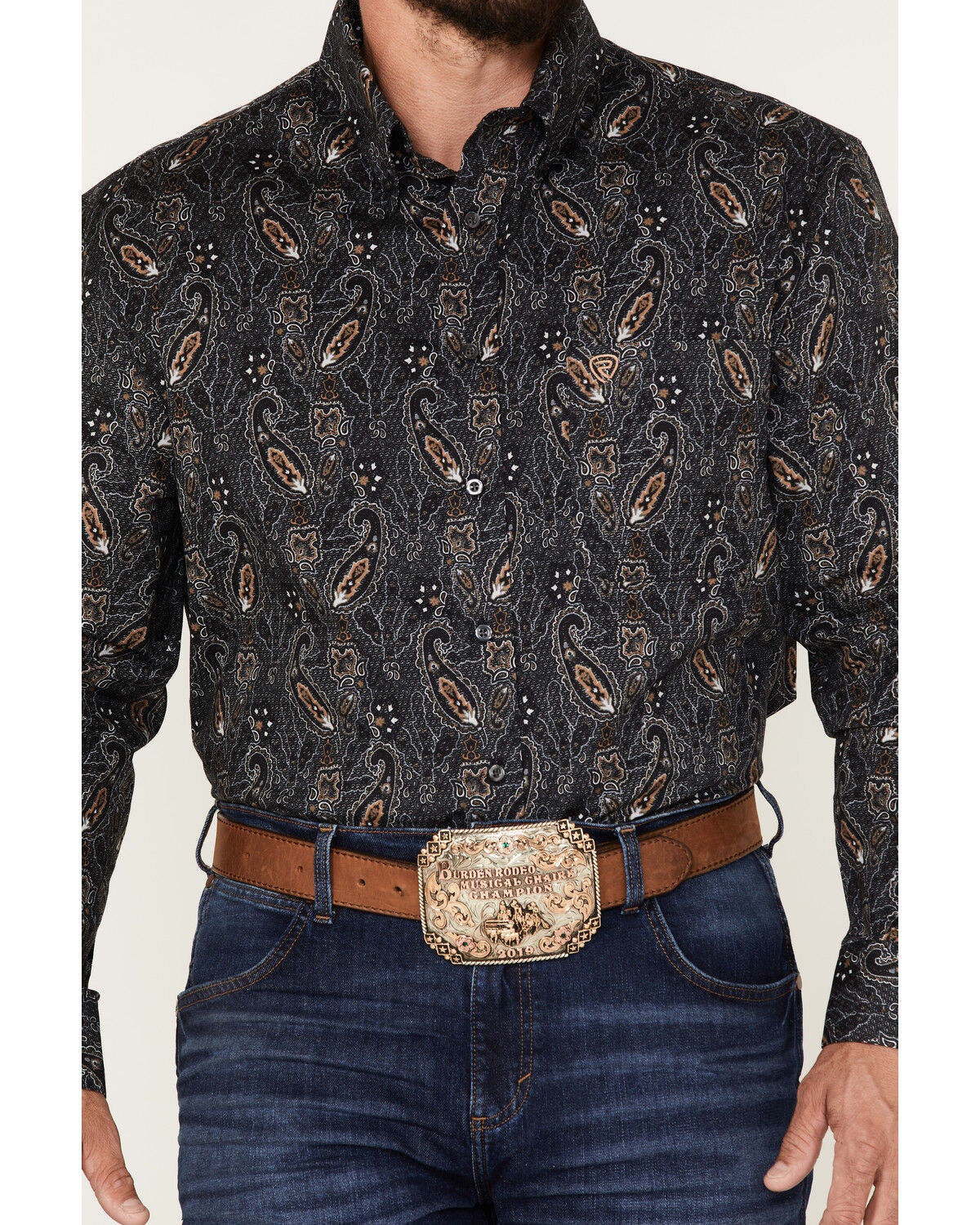 Image #3 - Rock & Roll Denim Men's Paisley Stretch Long Sleeve Button Down Shirt, Charcoal, hi-res