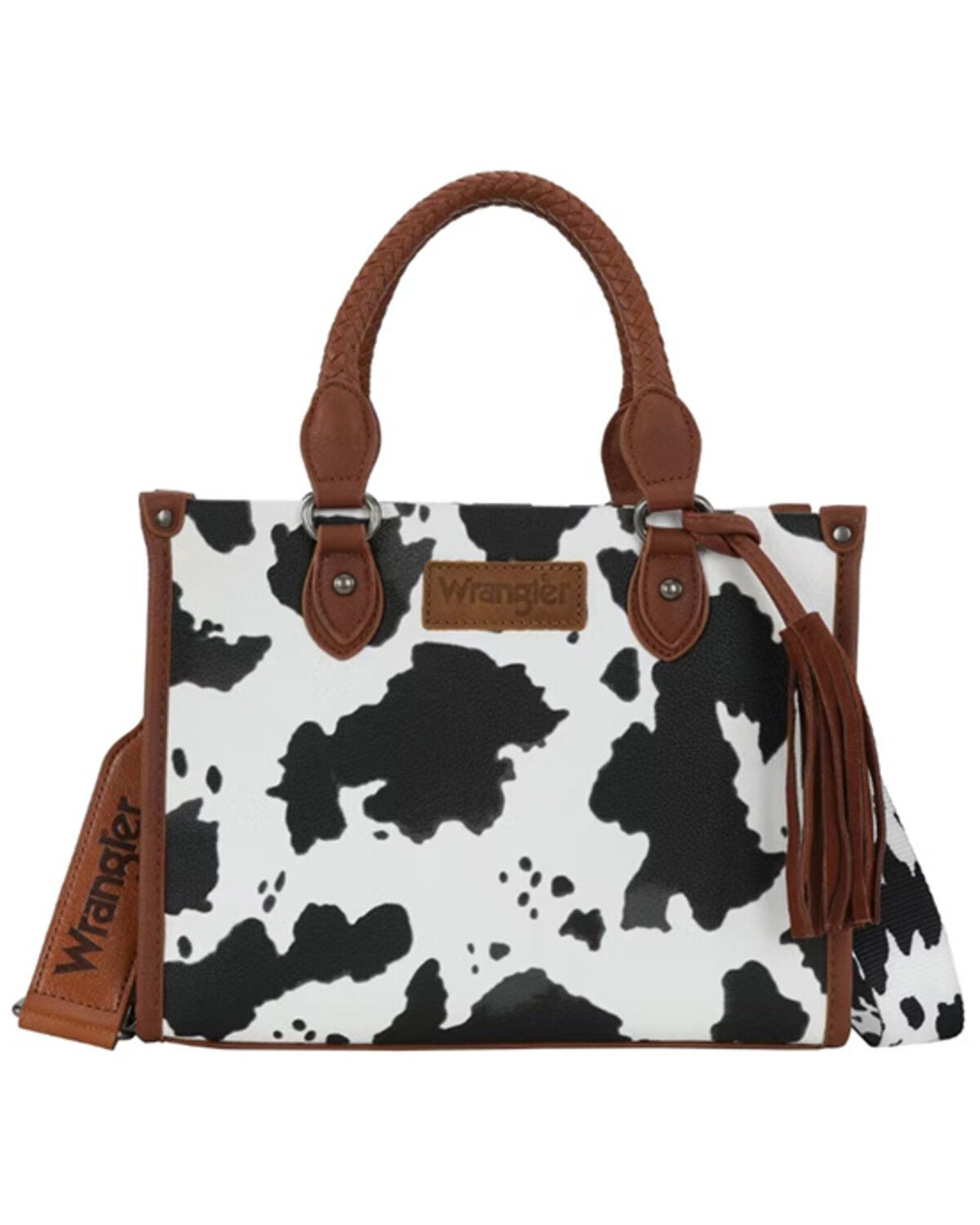 Image #1 - Wrangler Women's Boot Barn Exclusive Daisy Cow Print Tote with Tassel, Brown, hi-res