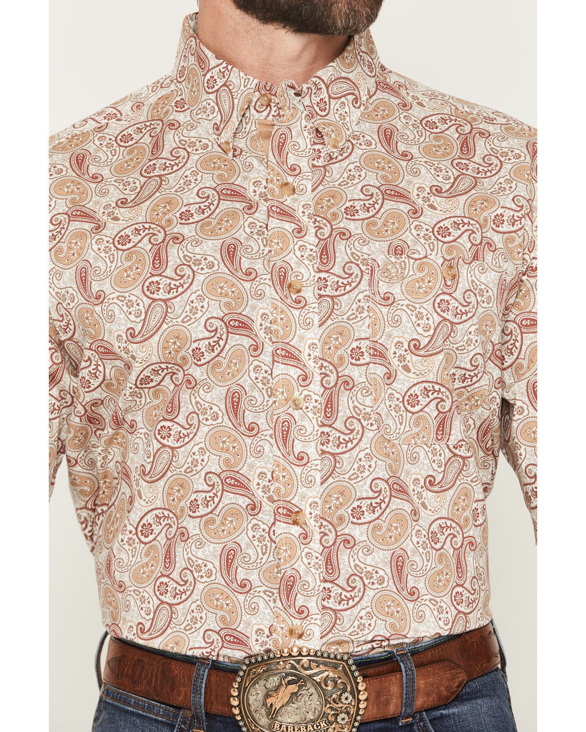 Image #3 - George Strait by Wrangler Men's Paisley Print Short Sleeve Button-Down Stretch Western Shirt - Tall, Tan, hi-res