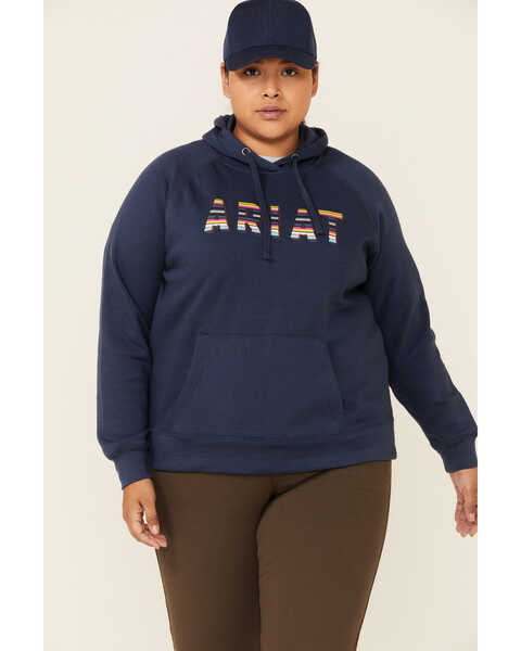 Image #1 - Ariat Women's R.E.A.L. Serape Logo Hoodie Sweatshirt - Plus, Navy, hi-res