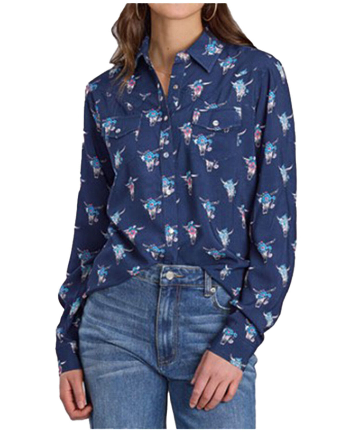 Image #1 - Roper Women's Floral Steer Head Long Sleeve Pearl Snap Western Shirt, Navy, hi-res