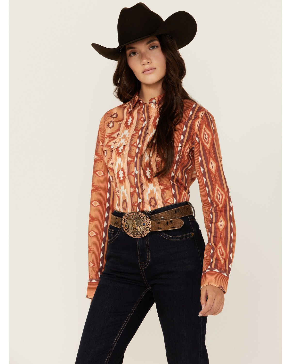 Image #1 - Wrangler Retro Women's Southwestern Print Long Sleeve Snap Western Shirt, Rust Copper, hi-res