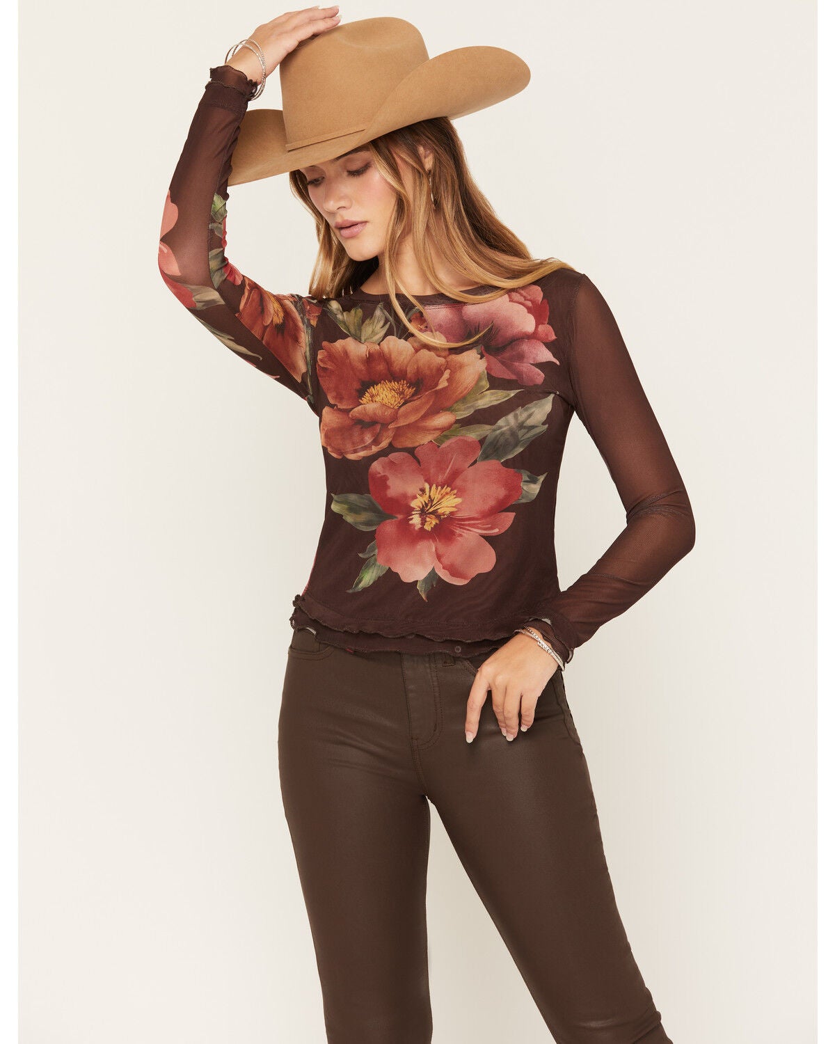 Wild Moss Women's Floral Print Long Sleeve Mesh Top, Brown, hi-res