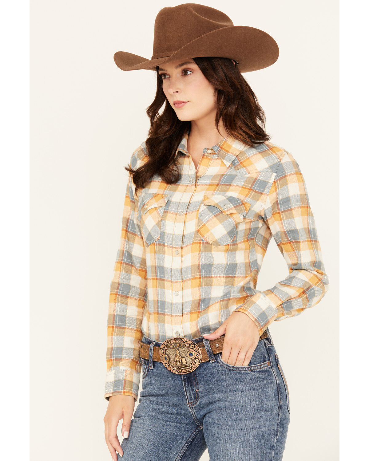 Image #2 - Wrangler Retro Women's Boot Barn Exclusive Plaid Print Long Sleeve Pearl Snap Flannel Shirt, Blue, hi-res