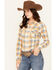 Image #2 - Wrangler Retro Women's Boot Barn Exclusive Plaid Print Long Sleeve Pearl Snap Flannel Shirt, Blue, hi-res