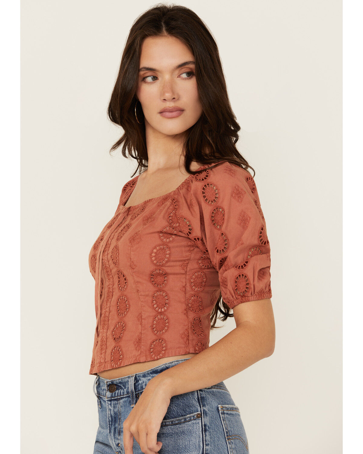 Image #2 - Shyanne Women's Tie-Front Short Sleeve Eyelet Top, Mauve, hi-res