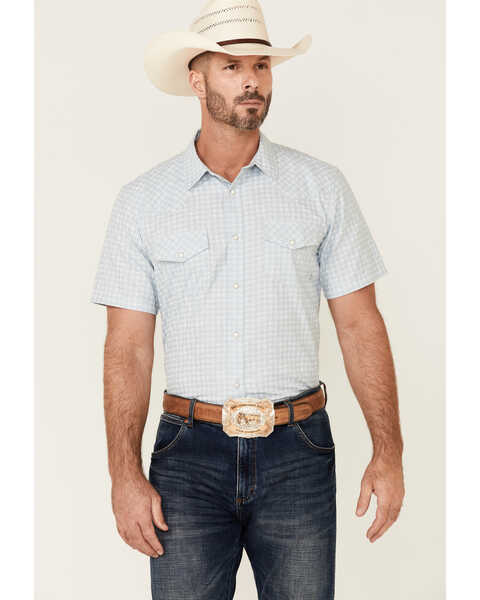 Gibson Men's Brilliance Geo Print Short Sleeve Snap Western Shirt , Light Blue, hi-res