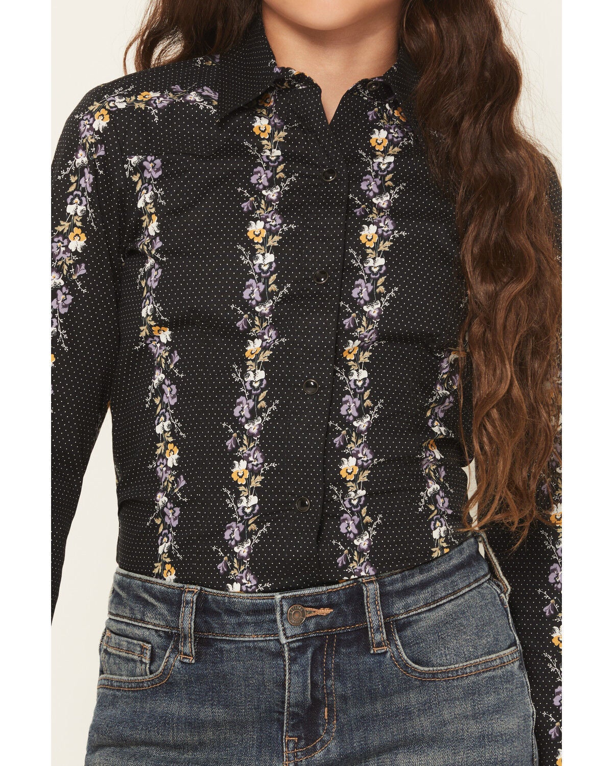 Image #3 - Cruel Girl Girls' Floral Wallpaper Print Long Sleeve Snap Western Shirt, Black, hi-res
