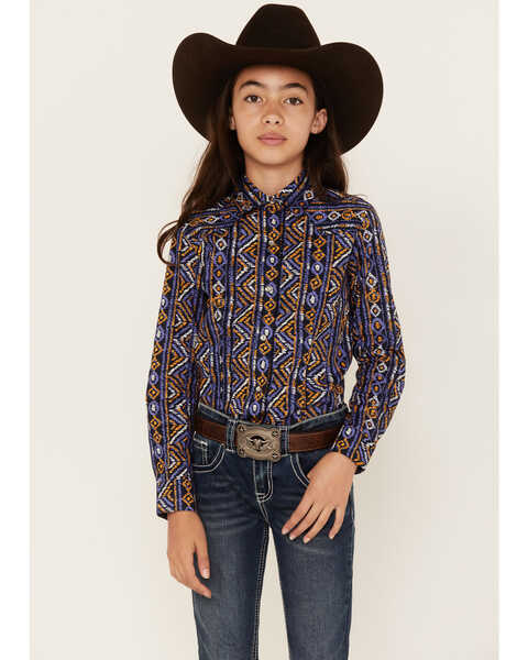 Cruel Girl Girls' Southwestern Stripe Print Long Sleeve Snap Western Shirt, Navy, hi-res