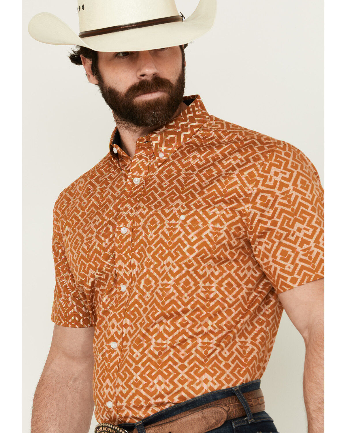 Image #2 - RANK 45® Men's Decker Geo Print Short Sleeve Performance Stretch Button-Down Western Shirt, Gold, hi-res