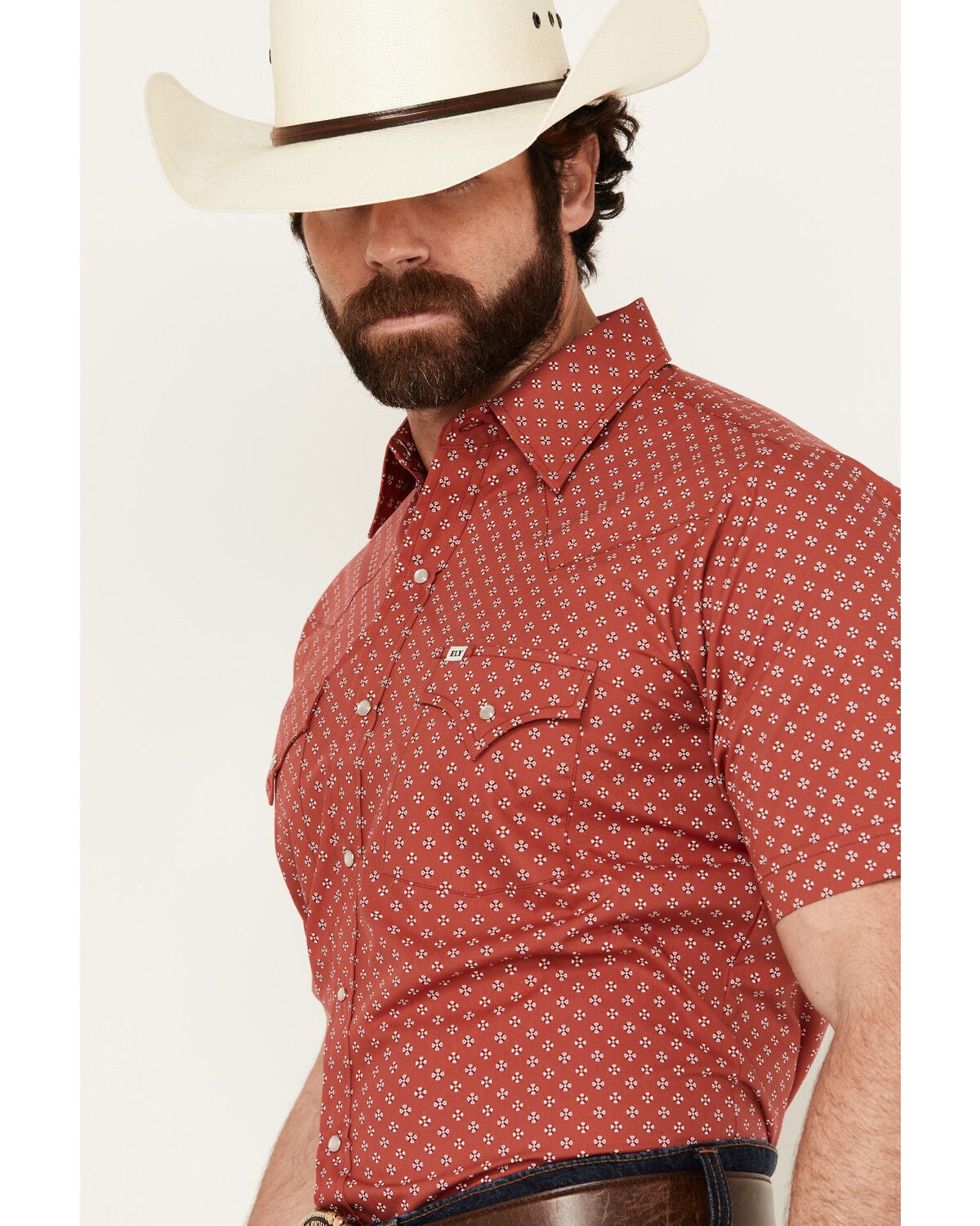 Image #2 - Ely Walker Men's Mini Bandana Geo Print Short Sleeve Snap Western Shirt, Red, hi-res