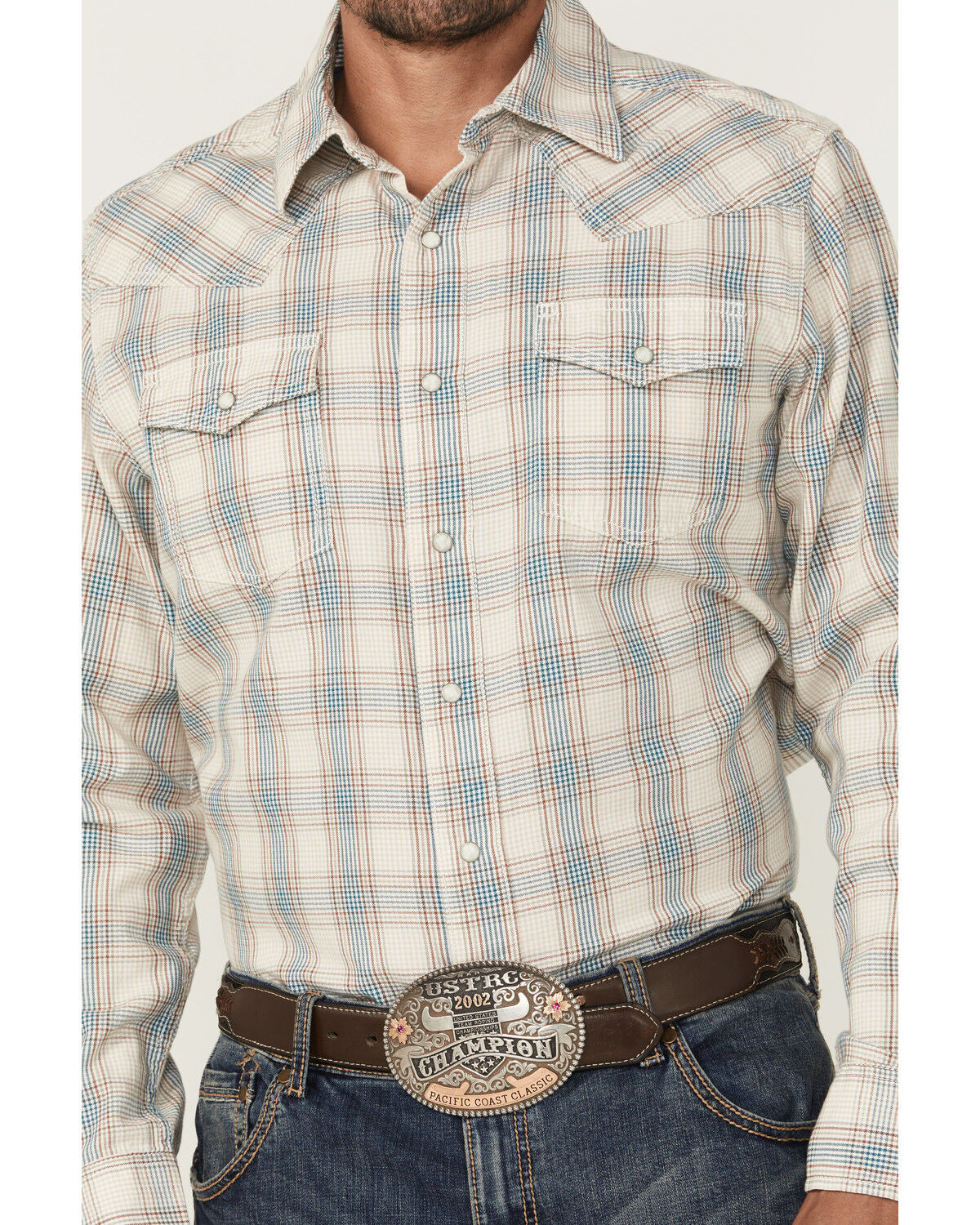 Image #3 - Wrangler Retro Men's Plaid Print Long Sleeve Snap Western Shirt, Cream, hi-res