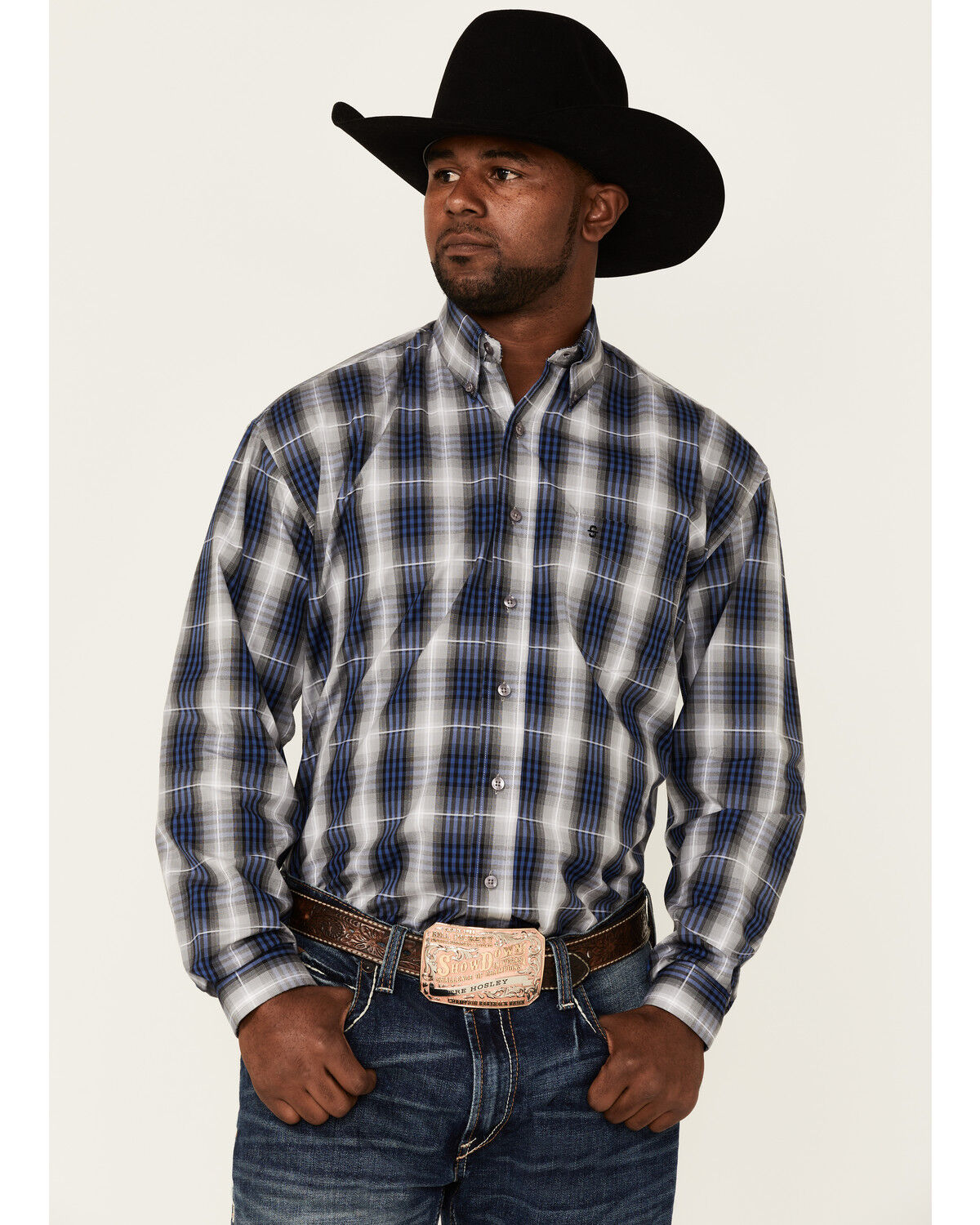 Image #1 - Stetson Men's Checkered Ombre Plaid Print Long Sleeve Button Down Western Shirt, Blue, hi-res