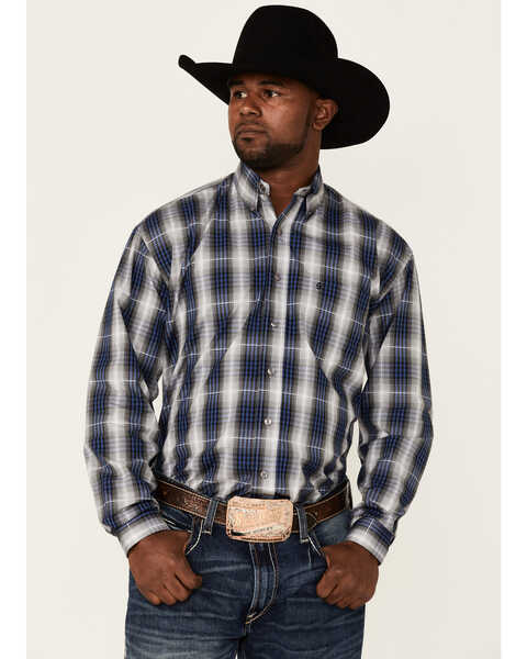 Stetson Men's Checkered Ombre Plaid Print Long Sleeve Button Down Western Shirt , Blue, hi-res