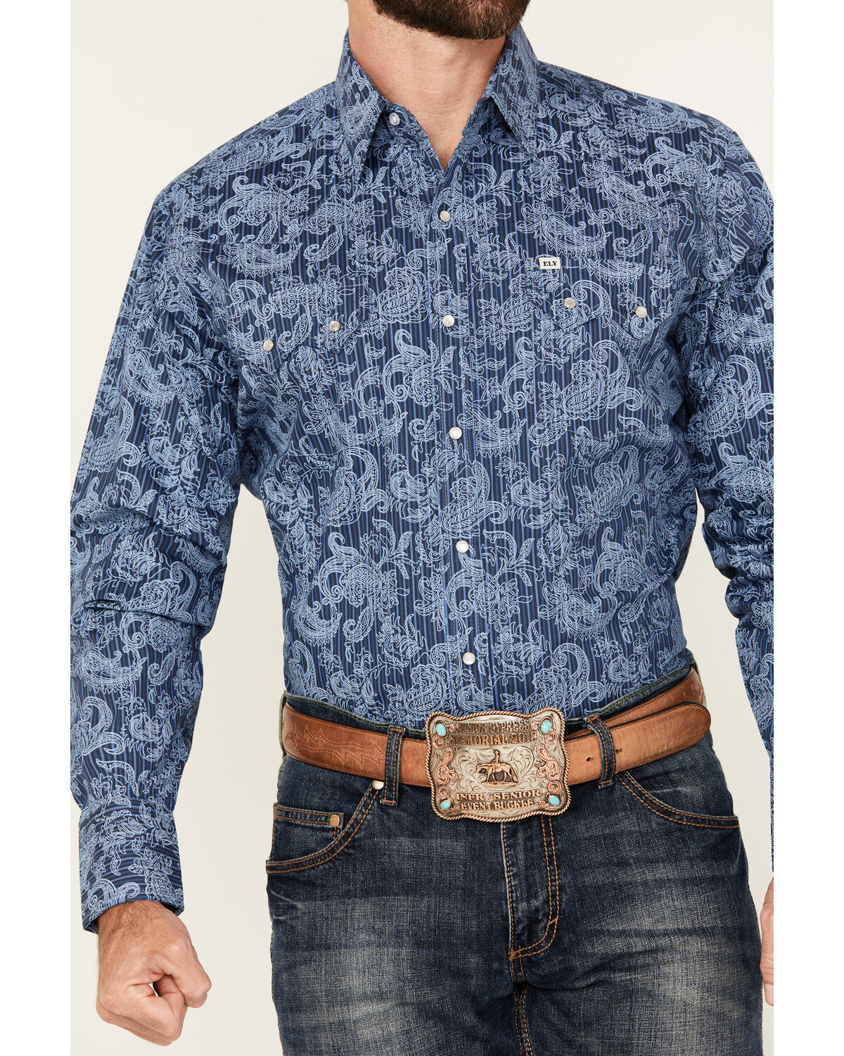 Image #3 - Ely Walker Men's Tonal Paisley Print Long Sleeve Snap Stretch Western Shirt - Big, Blue, hi-res