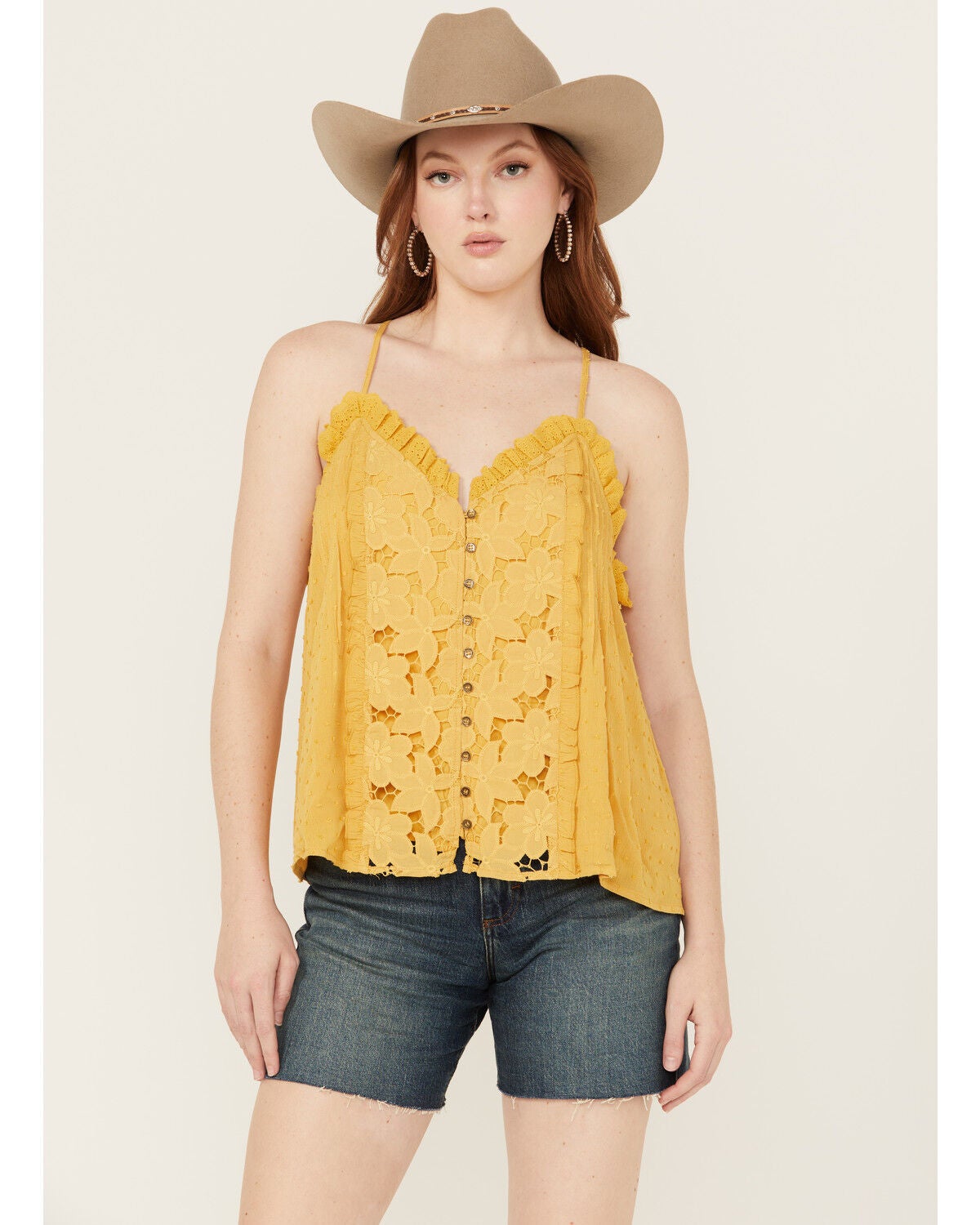 Miss Me Women's Sleeveless Lettuce Hem Tank Top, Yellow, hi-res