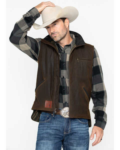Outback Trading Co. Men's Sawbuck Flannel Lined Oilskin Zip-Front Vest, Sage, hi-res