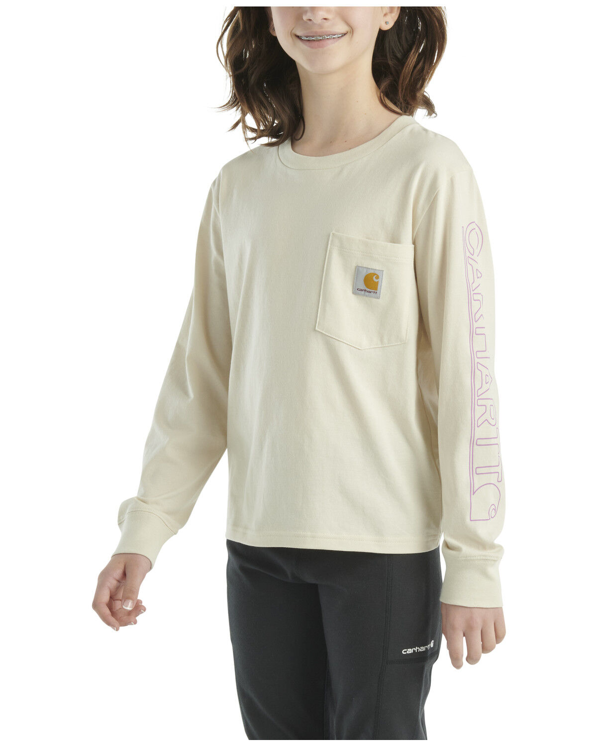 Image #2 - Carhartt Little Girls' Logo Long Sleeve Pocket Tee, Cream, hi-res