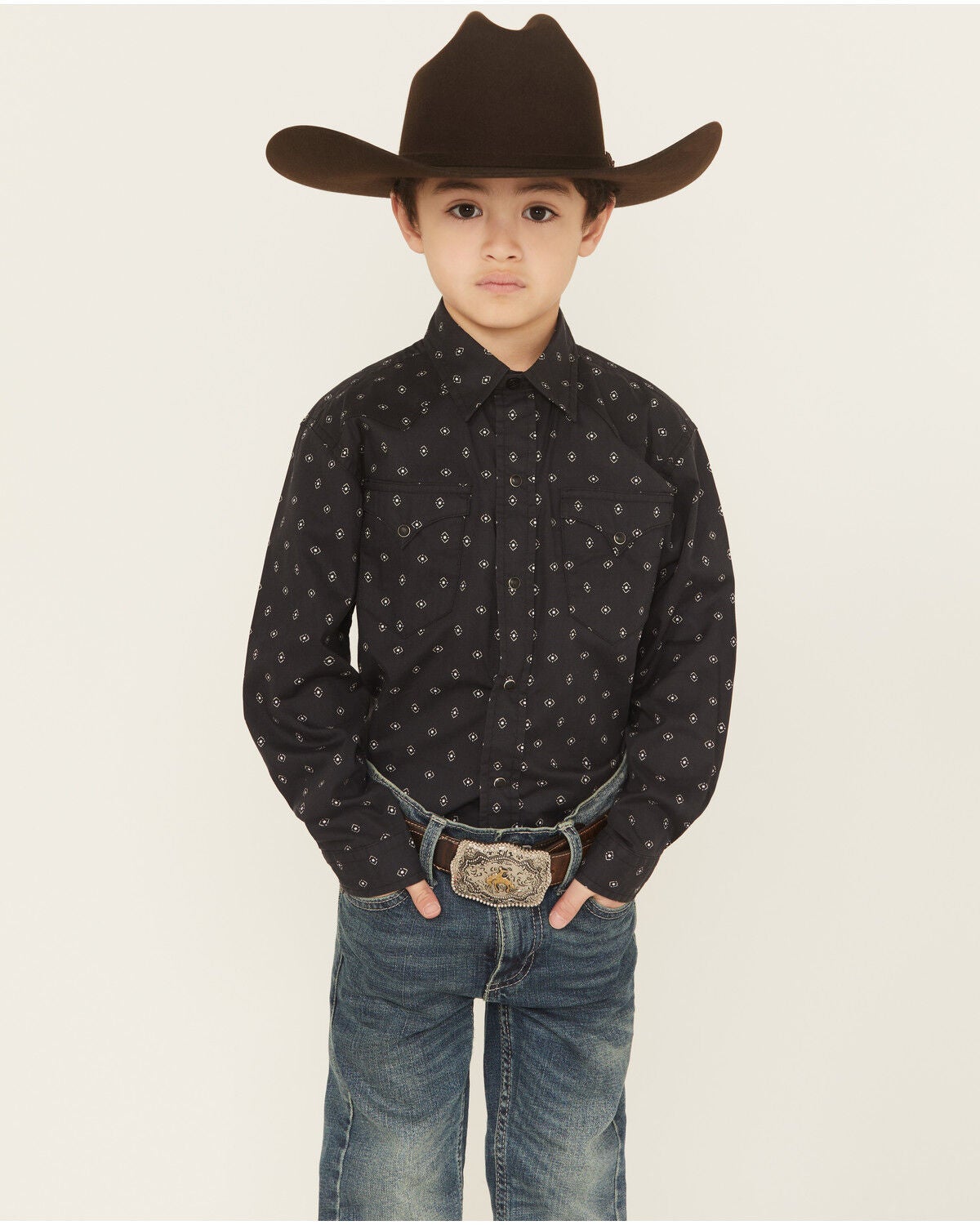 Roper Boys' Dotted Long Sleeve Snap Western Shirt, Black, hi-res