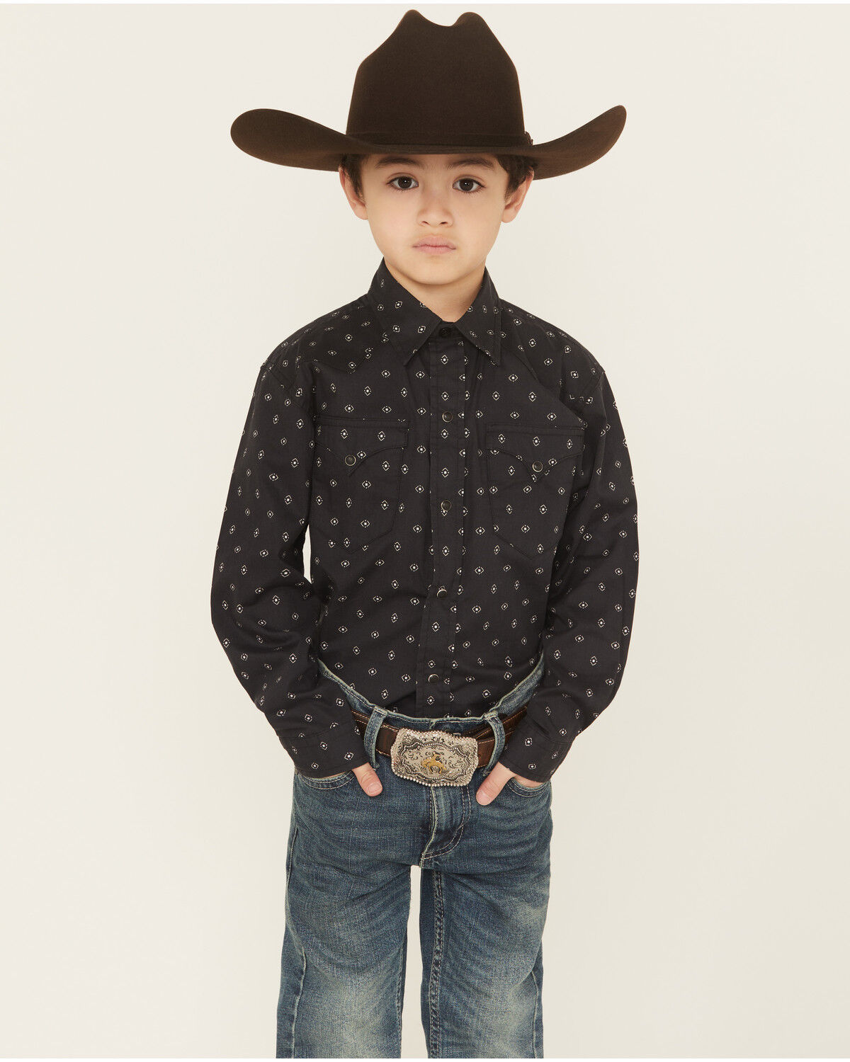 Image #1 - Roper Boys' Dotted Long Sleeve Snap Western Shirt, Black, hi-res