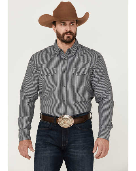 Image #1 - Blue Ranchwear Men's Stripe Washed Long Sleeve Snap Heavy Western Shirt , Light Grey, hi-res