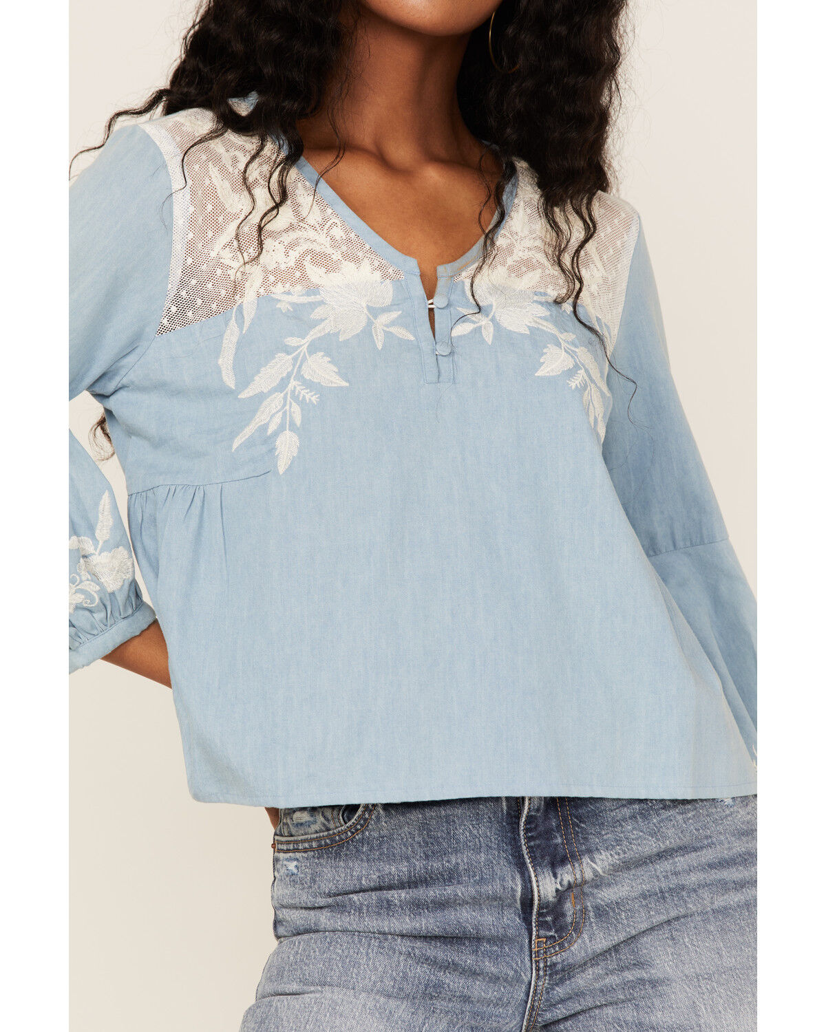 Image #3 - Roper Women's Denim Lace Embroidered Floral Peasant Top, Blue, hi-res