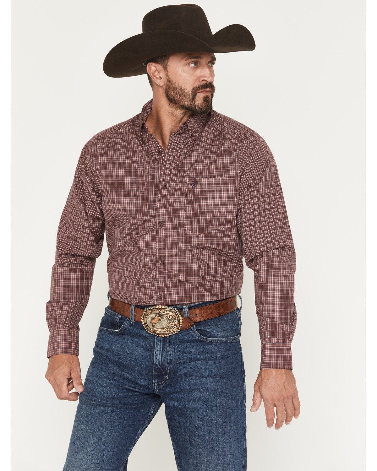 Image #1 - Ariat Men's Pro Series Travis Plaid Print Long Sleeve Button-Down Stretch Western Shirt - Tall, Burgundy, hi-res