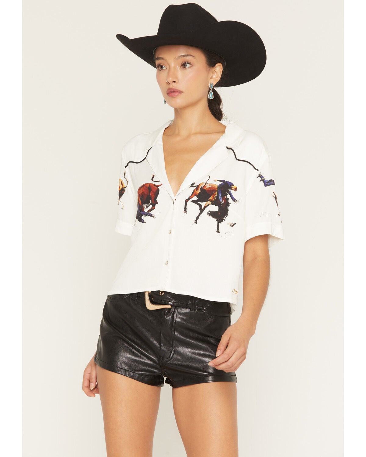 Image #1 - Wrangler X Lainey Wilson Women's Cowboy Short Sleeve Snap Camp Shirt, White, hi-res