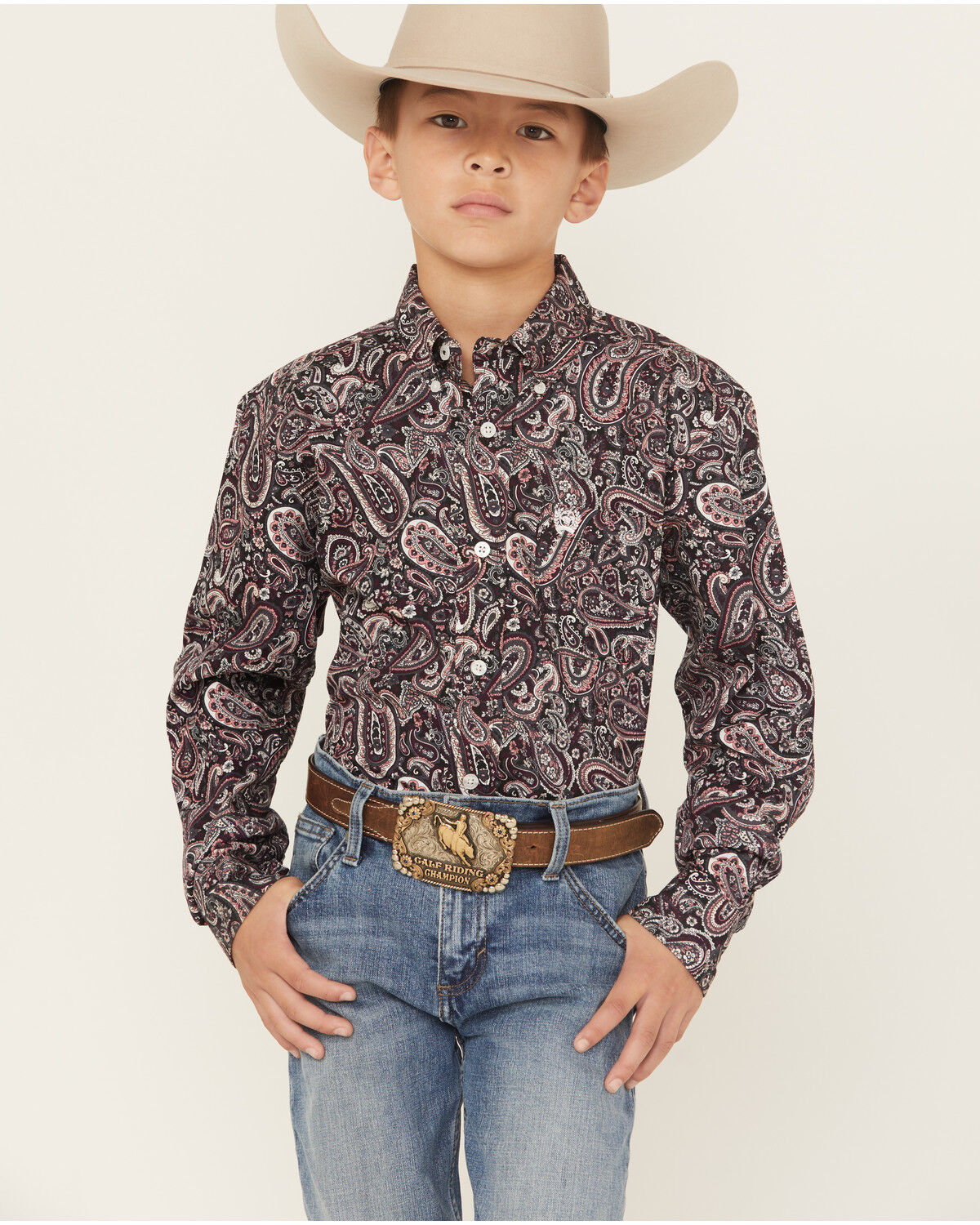 Image #1 - Cinch Boys' Paisley Print Long Sleeve Button-Down Western Shirt, Purple, hi-res