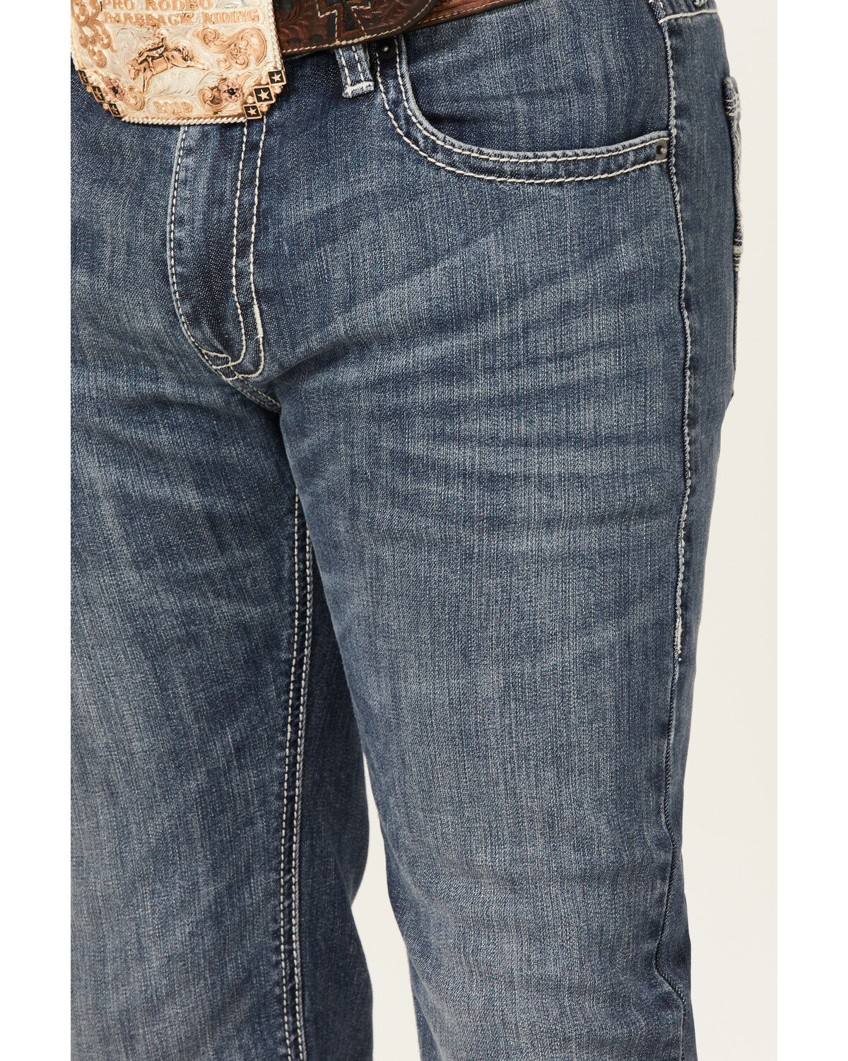 Image #2 - Rock & Roll Denim Men's Rifle Medium Wash Leather Pocket Stretch Straight Skinny Jeans, Medium Wash, hi-res