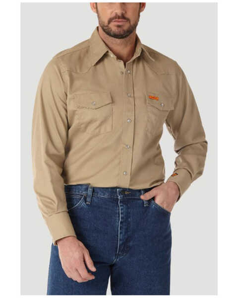 Wrangler Men's FR Long Sleeve Snap Western Work Shirt, Beige, hi-res