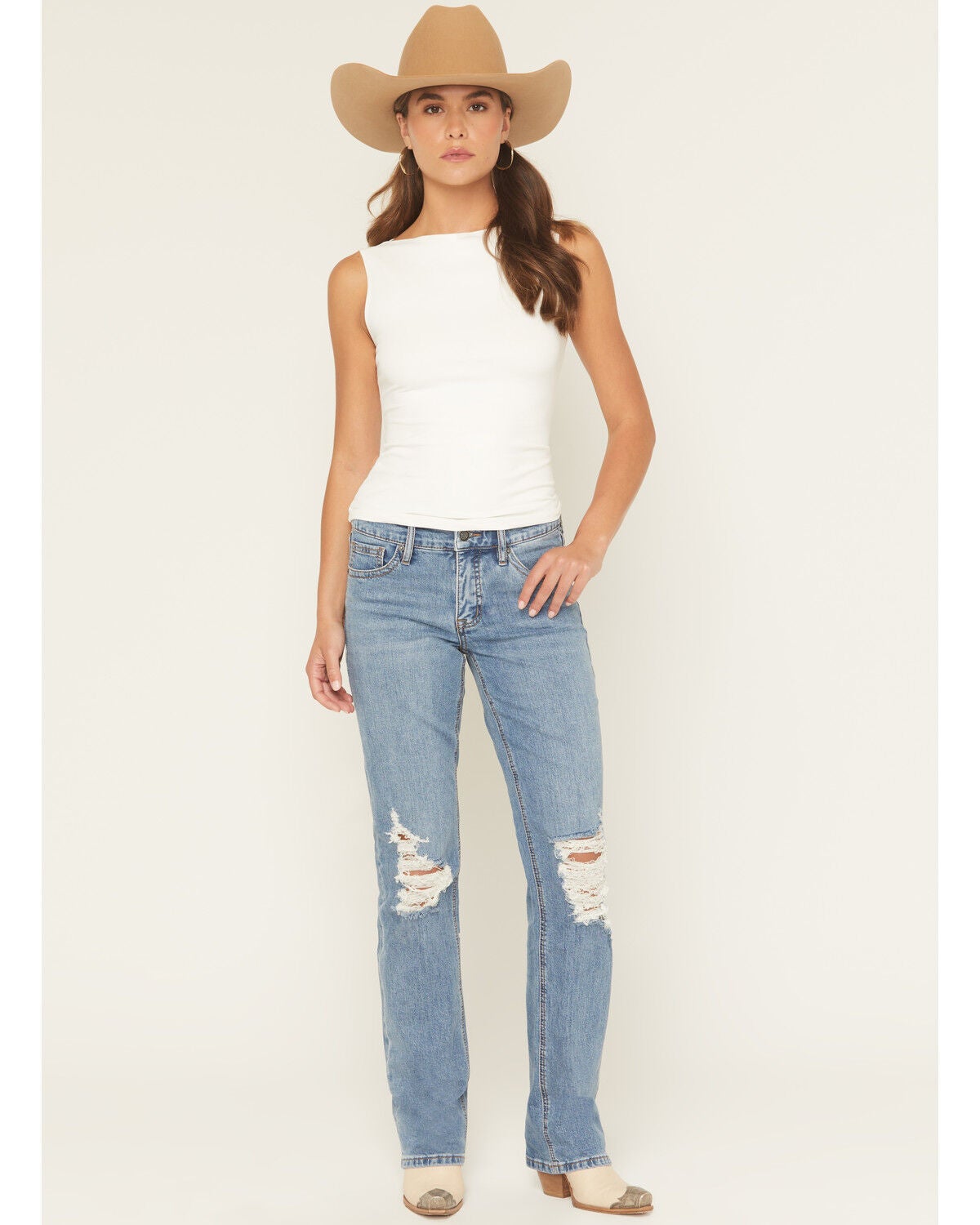 Rock & Roll Denim Women's Medium Wash High Rise Distressed Modest Bootcut Stretch Denim Jeans, Medium Wash, hi-res