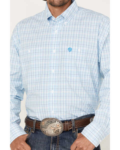 Image #3 - George Strait by Wrangler Men's Plaid Print Long Sleeve Button Down Western Shirt , Light Blue, hi-res
