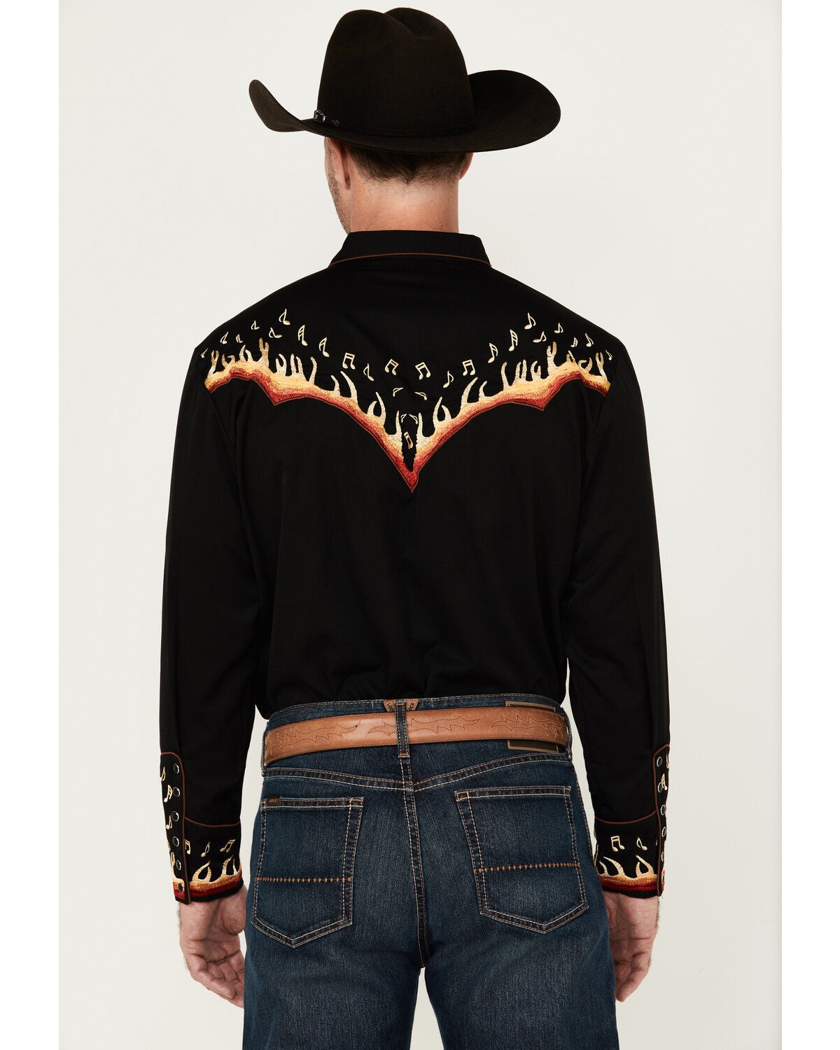 Image #4 - Scully Men's Music Note Flame Embroidered Long Sleeve Snap Western Shirt - Big, Black, hi-res