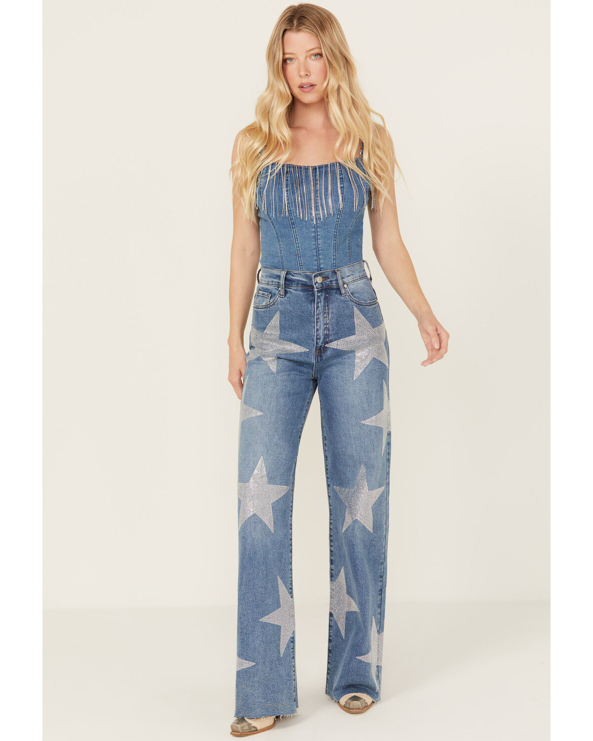 Image #4 - Vibrant Denim Women's Rhinestone Star High Rise Medium Wash Stretch Wide Leg Jeans, , hi-res