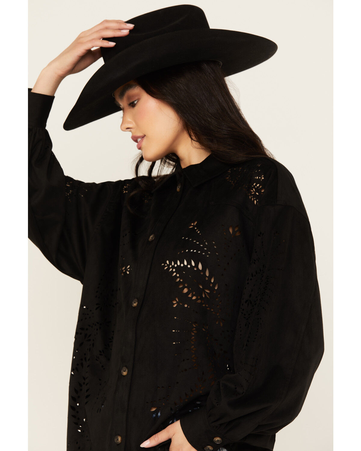 Image #2 - Shyanne Women's Faux Suede Laser Cutout Shacket, Black, hi-res