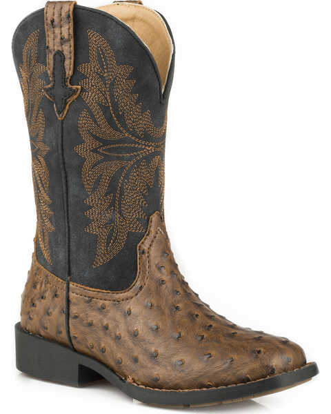 Roper Youth Boys' Ostrich Print Western Boots - Broad Square Toe, Brown, hi-res
