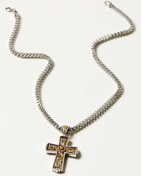 M & F Western Men's Twister Antique Cross Necklace, Silver, hi-res