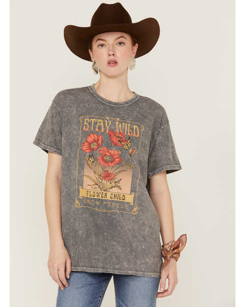 Image #1 - Youth in Revolt Women's Stay Wild Flower Child Black Mineral Wash Graphic Tee, Gray, hi-res