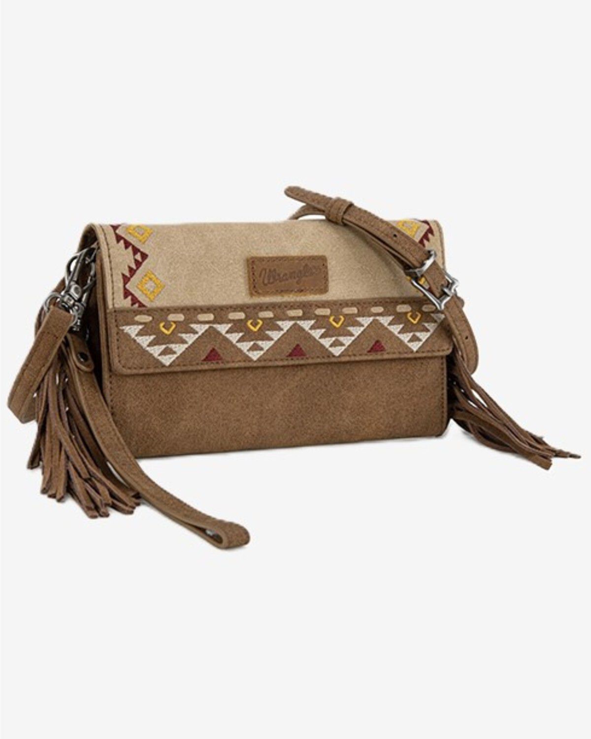 Wrangler Women's Southwestern Print Fringe Crossbody Wristlet, Tan, hi-res