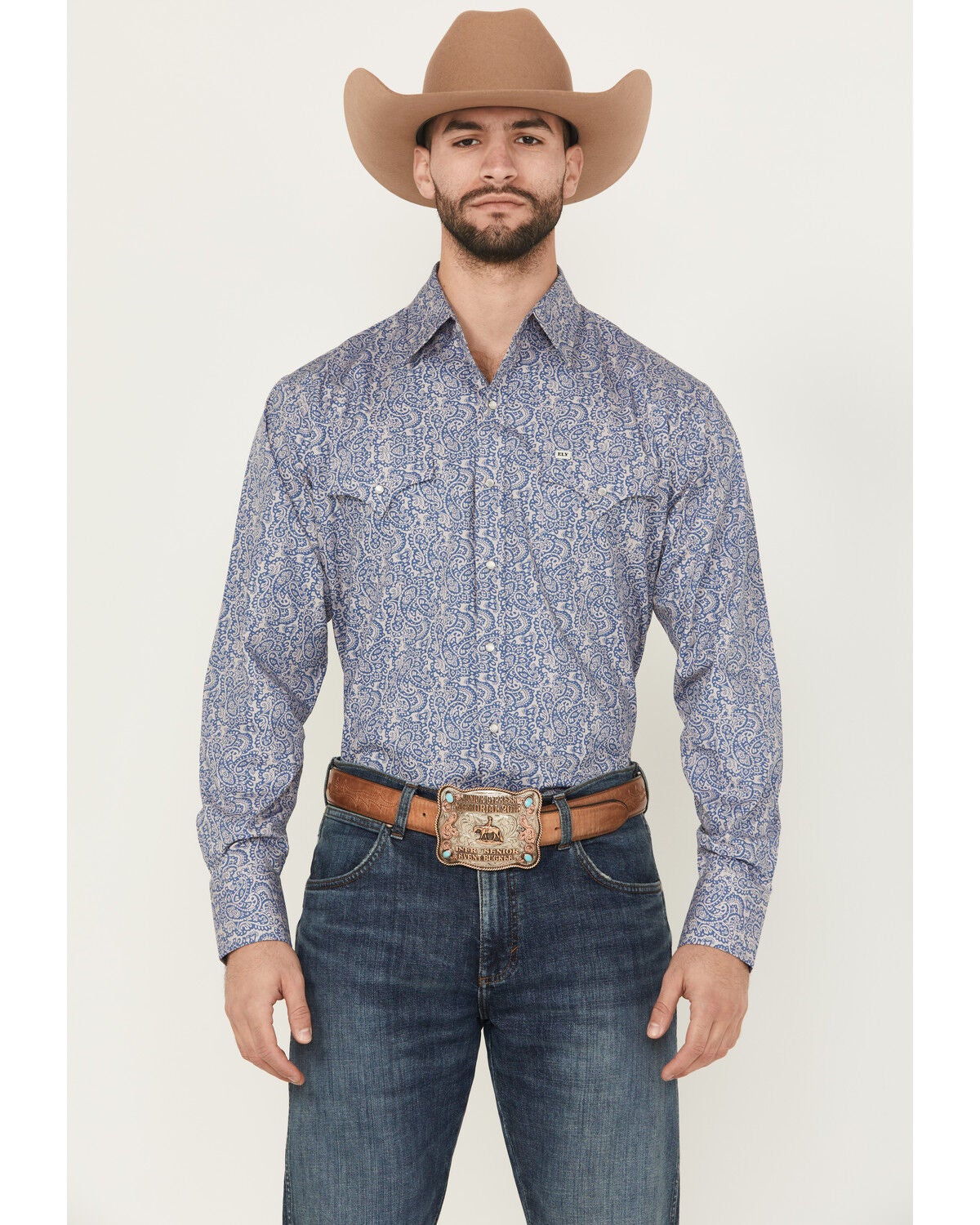Ely Walker Men's Paisley Print Long Sleeve Pearl Snap Western Shirt, Navy, hi-res