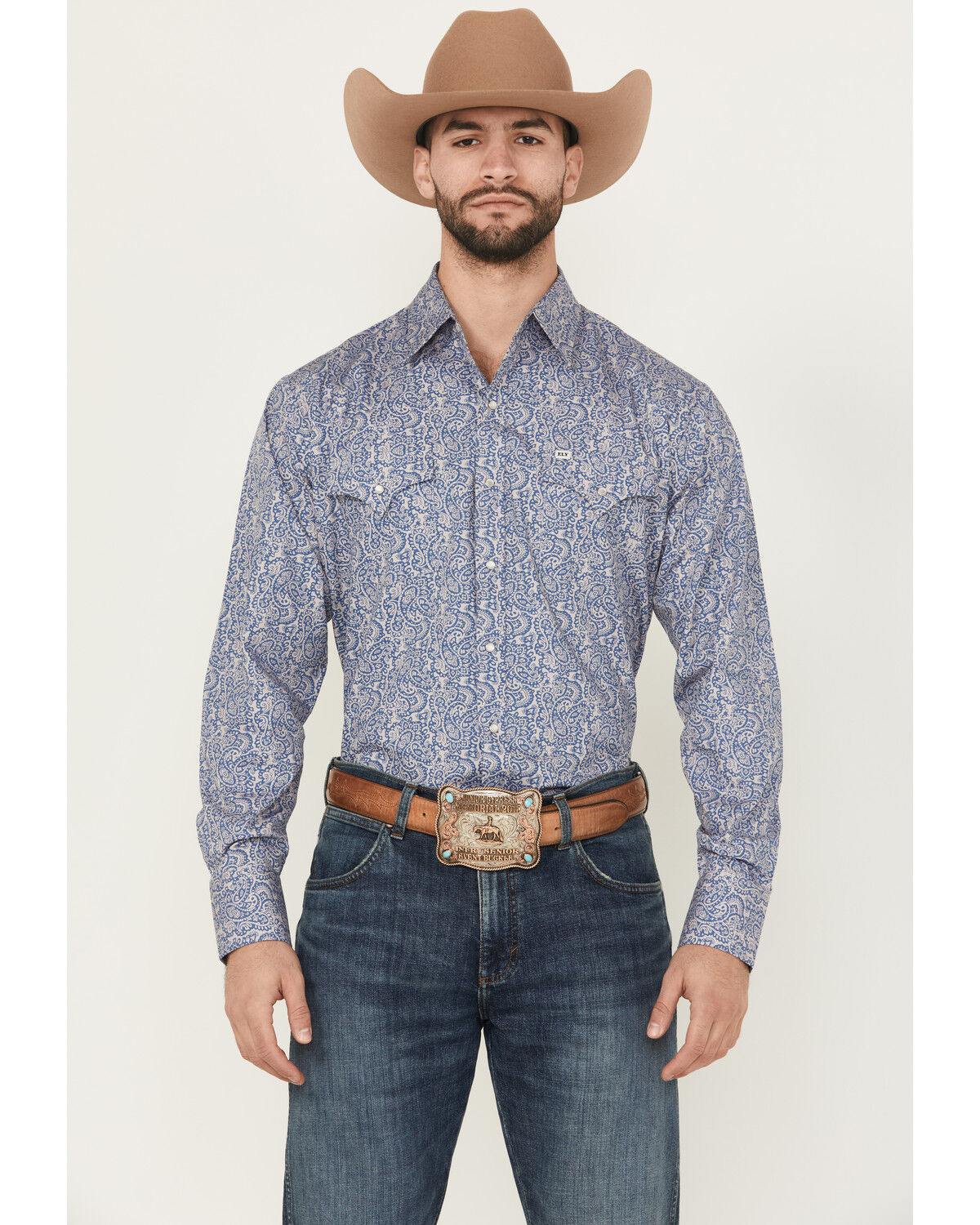Image #1 - Ely Walker Men's Paisley Print Long Sleeve Pearl Snap Western Shirt, Navy, hi-res
