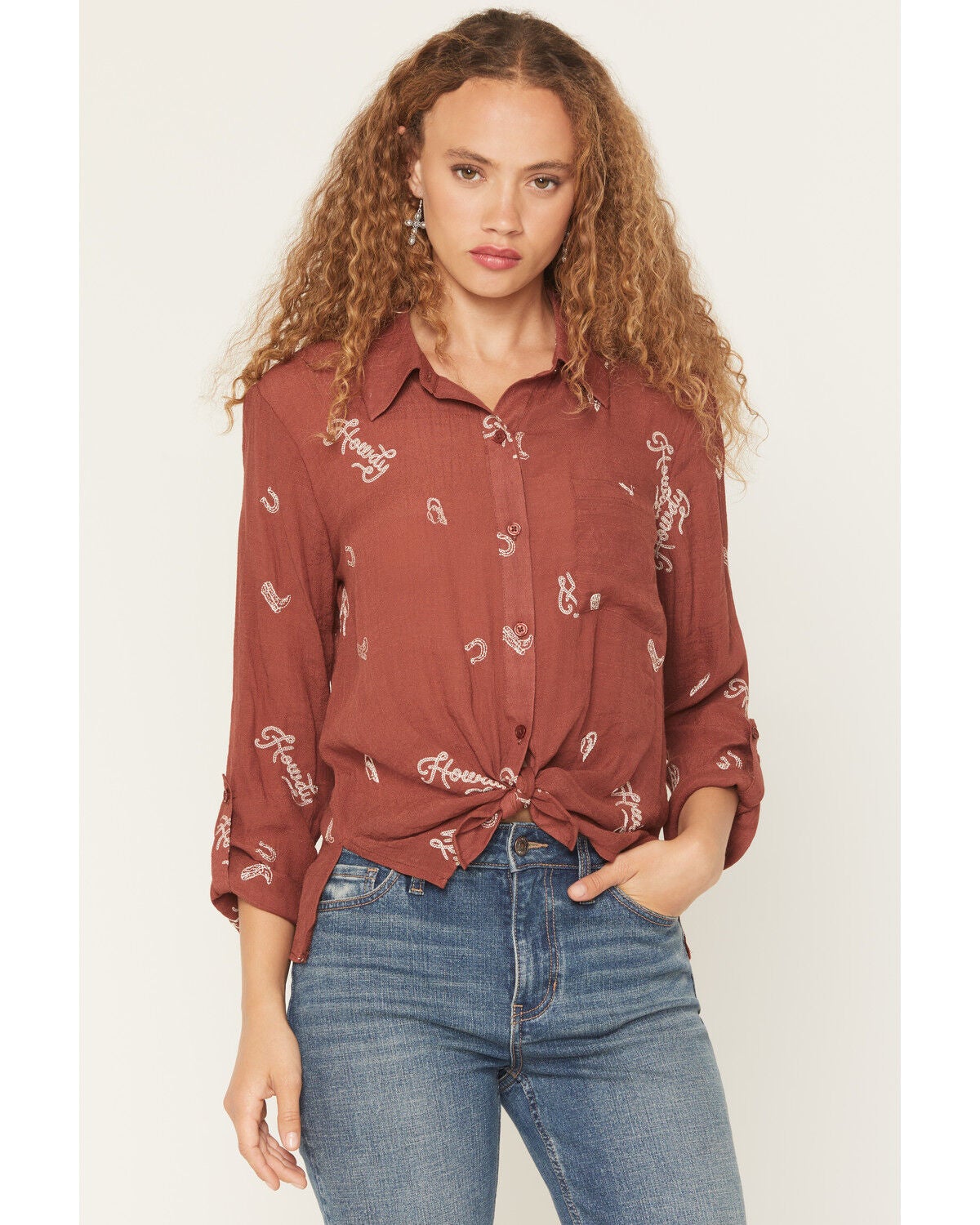 Image #1 - June & Hudson Women's Western Embroidered 3/4 Sleeve Button-Down Shirt, Dark Red, hi-res