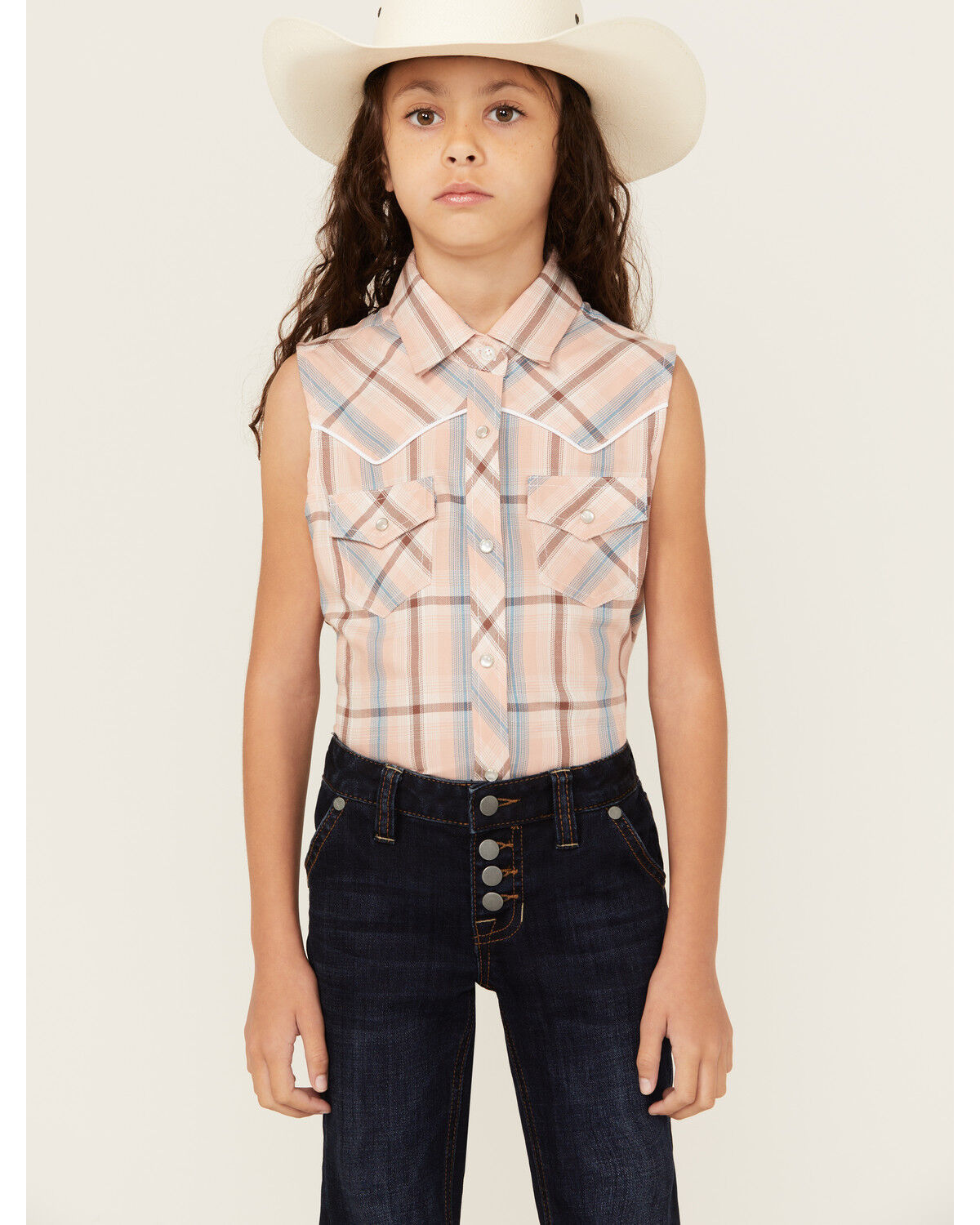 Image #1 - Cumberland Outfitters Girls' Plaid Print Sleeveless Pearl Snap Western Shirt, Peach, hi-res
