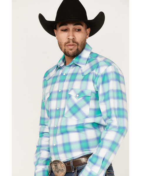 Image #2 - Rough Stock By Panhandle Men's Stretch Ombre Plaid Long Sleeve Pearl Snap Western Shirt , Aqua, hi-res