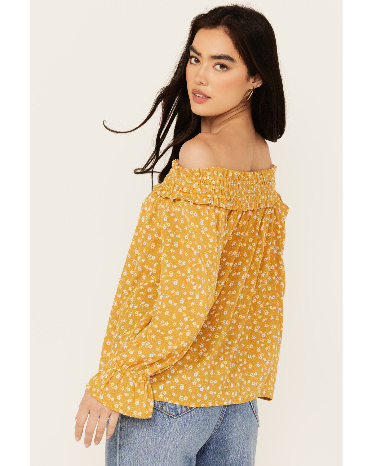 Image #4 - Wild Moss Women's Ditzy Floral Print Long Sleeve Off The Shoulder Shirt, Mustard, hi-res