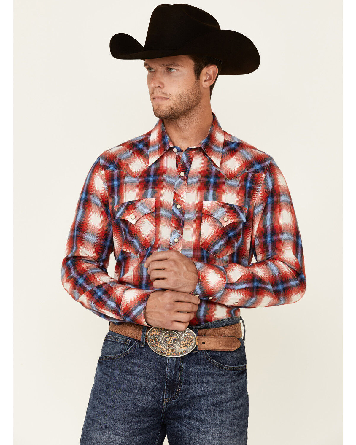 Image #1 - Rock & Roll Denim Men's Red Large Yarndye Plaid Long Sleeve Snap Western Shirt, Red, hi-res