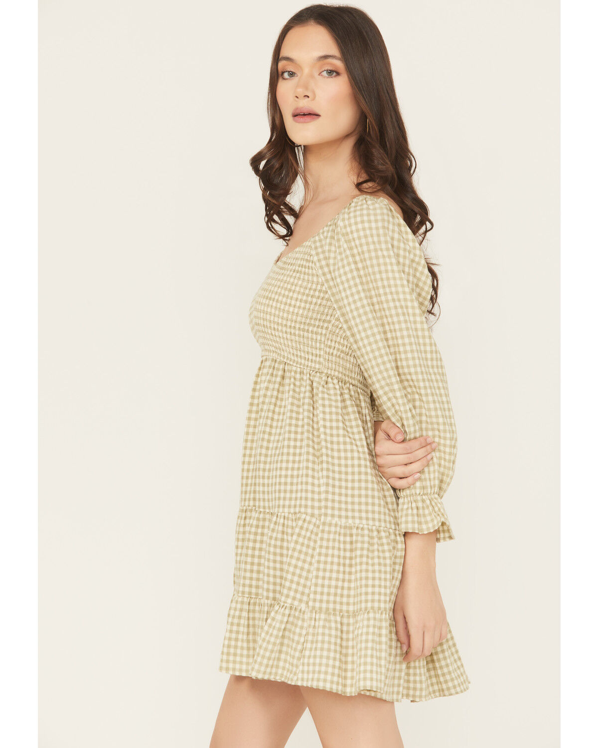 Image #2 - Blue B Women's Gingham Long Sleeve Mini Dress, Olive, hi-res