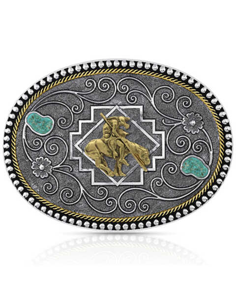 Montana Silversmiths Women's Country Roads End Of Trail Turquoise Belt Buckle, Silver, hi-res